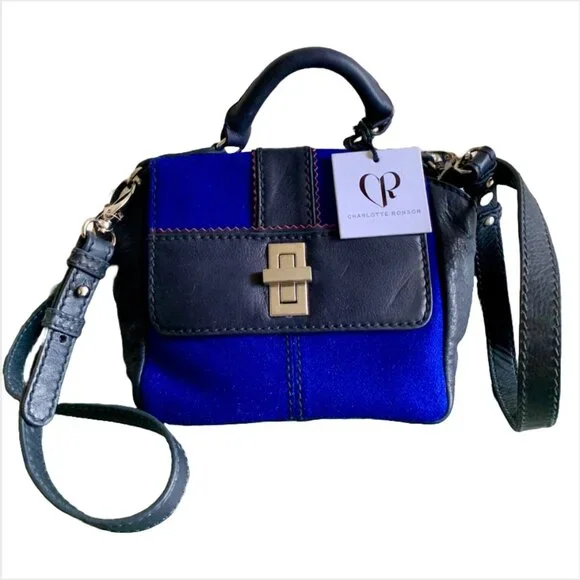 NWT Charlotte Ronson Navy Blue Wool & Black Leather Panel Crossbody Handbag - Picture 3 of 11